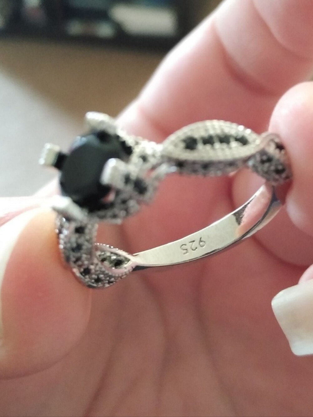 10k White Gold Over Silver 2 PC Onyx Solitaire W/Accents Eternity Ring Set Sz 10 - Picture 6 of 12